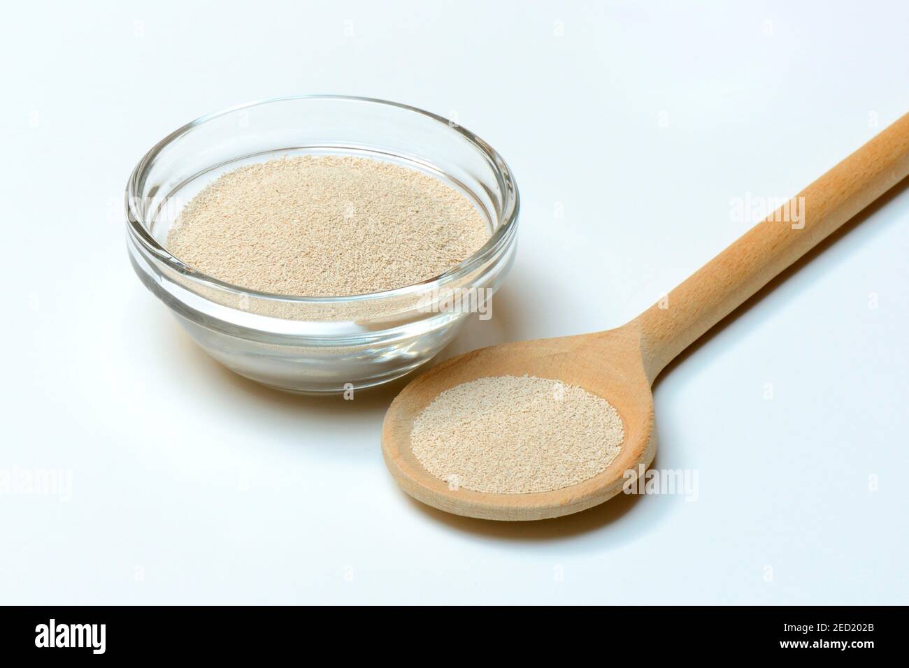 Backhefe, Trockenhefe in Löffel und Schüssel, Backzutat Stockfoto