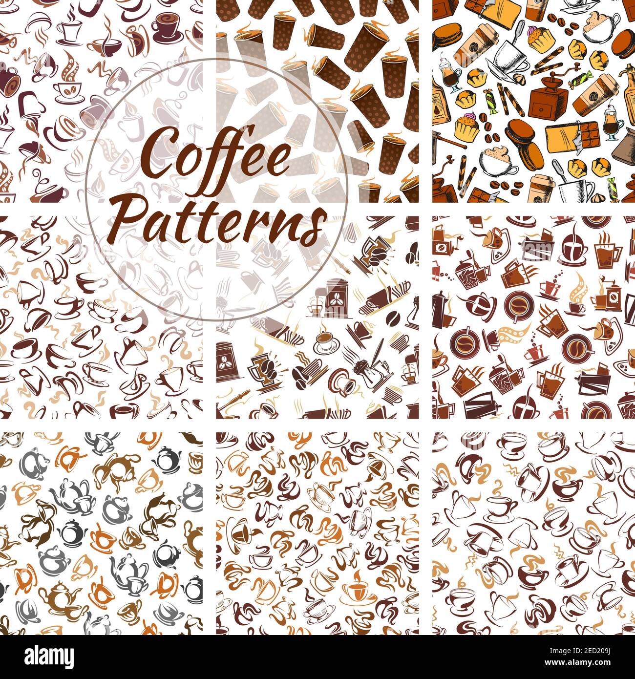 Kaffeebohnen, Tassen, Mühlen Muster gesetzt. Vektor nahtlose Muster von Retro-Kaffeemühle, heiße Kaffeetasse Elemente auf weißem Hintergrund für Café, Cafeteria, Stock Vektor