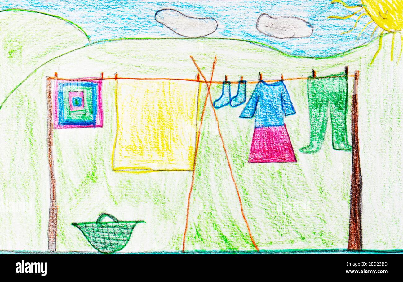 Naive Illustration, Kinderzeichnung, Wäsche hängen an einer Wäscheleine im Garten zu trocknen, Österreich Stockfoto
