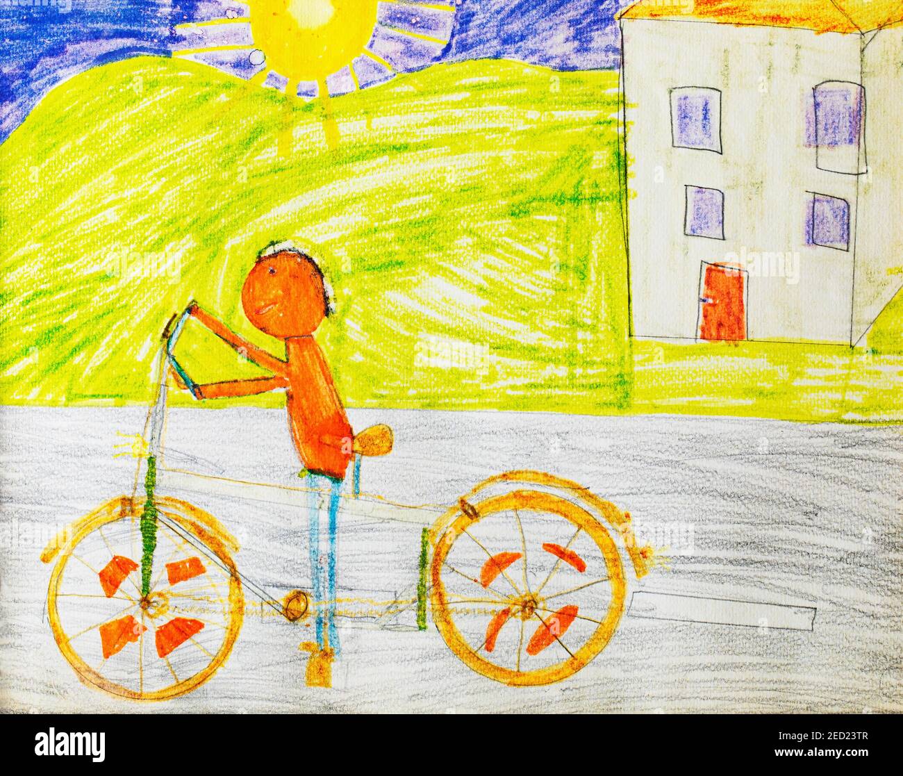 Naive Illustration, Kinderzeichnung, Fahrrad fahrend, Österreich Stockfoto