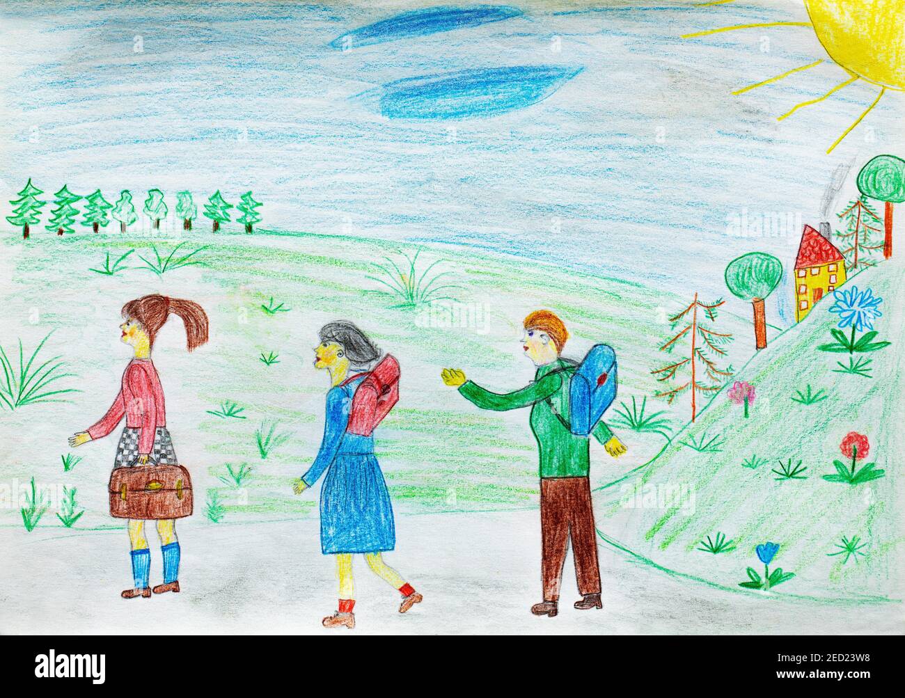 Naive Illustration, Kinderzeichnung, Kinder auf dem Weg zur Schule, Österreich Stockfoto