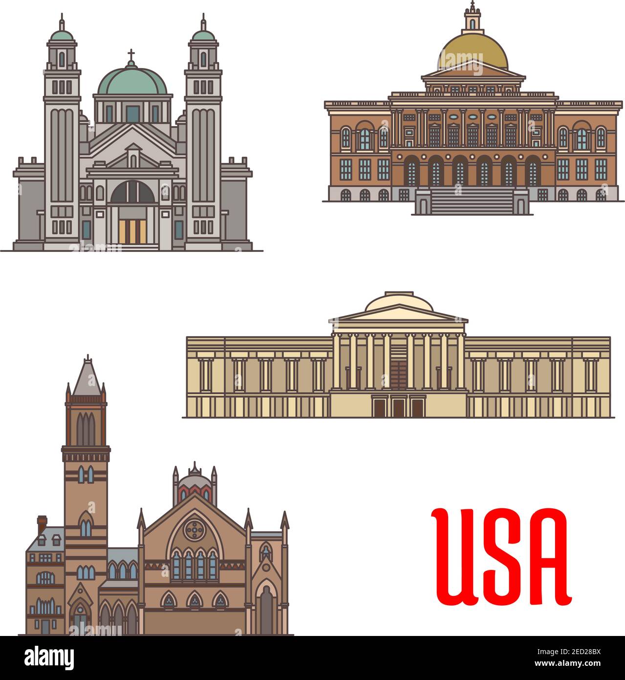 USA Touristenattraktion und Architektur Wahrzeichen. St. James Cathedral, Massachusetts State House, National Gallery of Art, Old South Church. Vektor i Stock Vektor