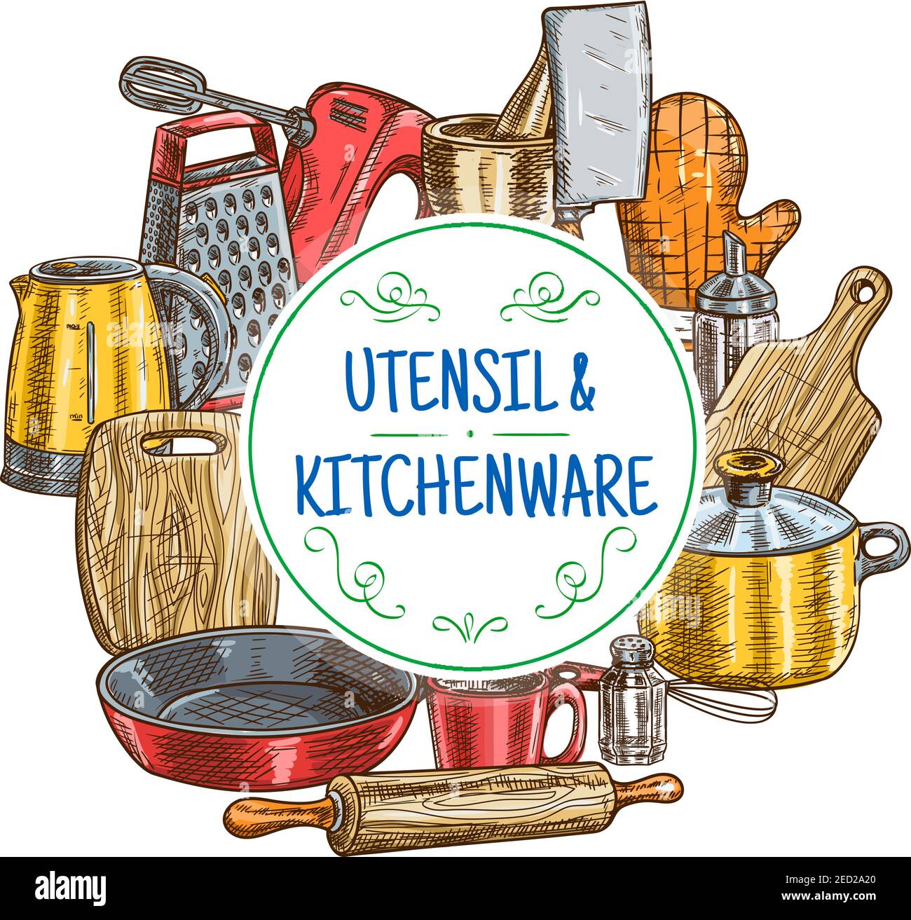 Skizze der Küchenutensilien. Vektor-Ikonen der Küchengeräte Wasserkocher, Schneidebrett, Handschuh, Kochtopf und Bratpfanne, Nudelholz, Tasse und Schneebesen, mischen Stock Vektor