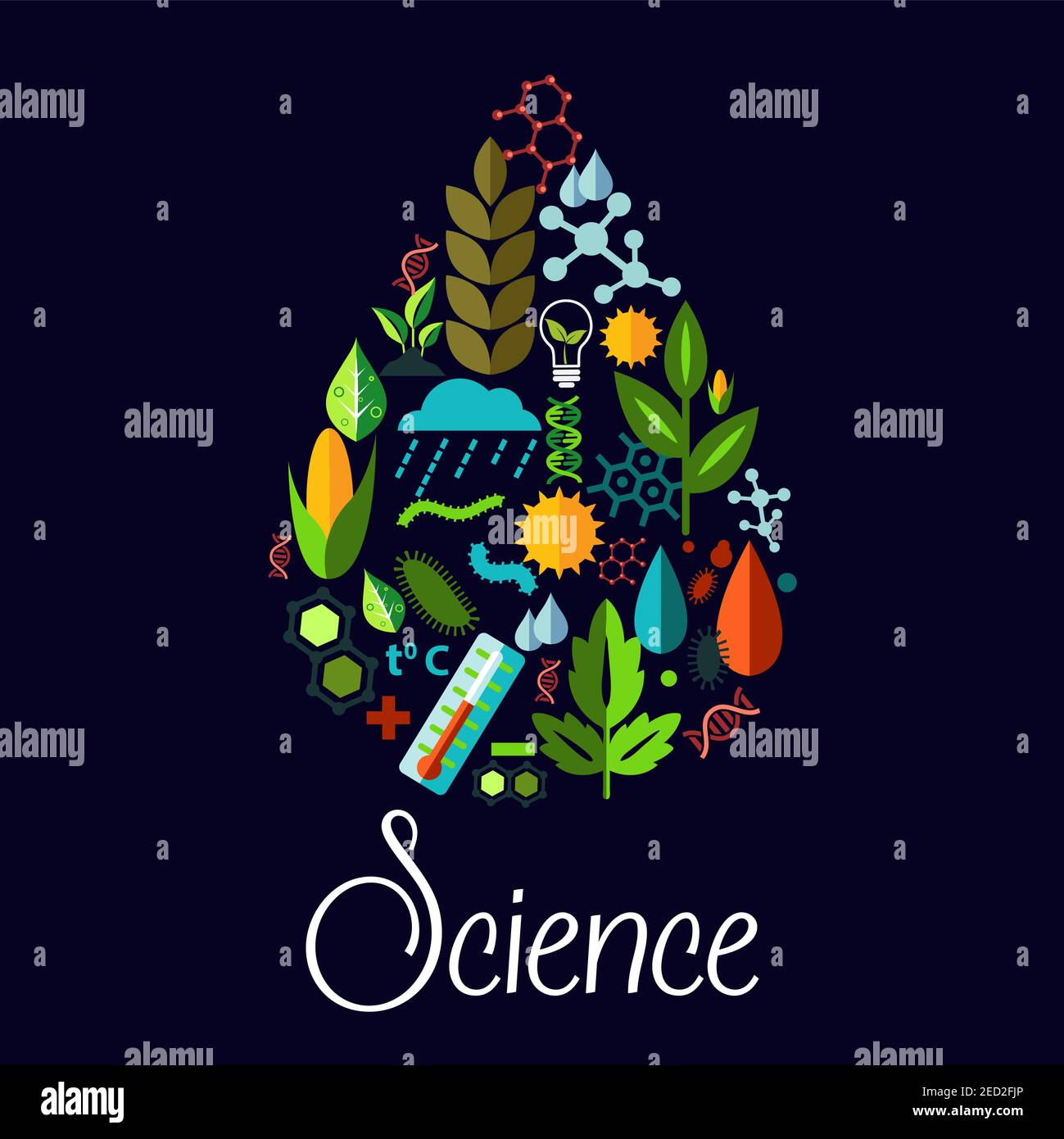 Wissenschaft Vektor-Emblem in Form von Wassertropfen. Muster der Natur Pflanzen, Bäume, natürliche Lebensquellen, Phänomene, generische Vegetation Symbole. Vektorgrafiken Stock Vektor