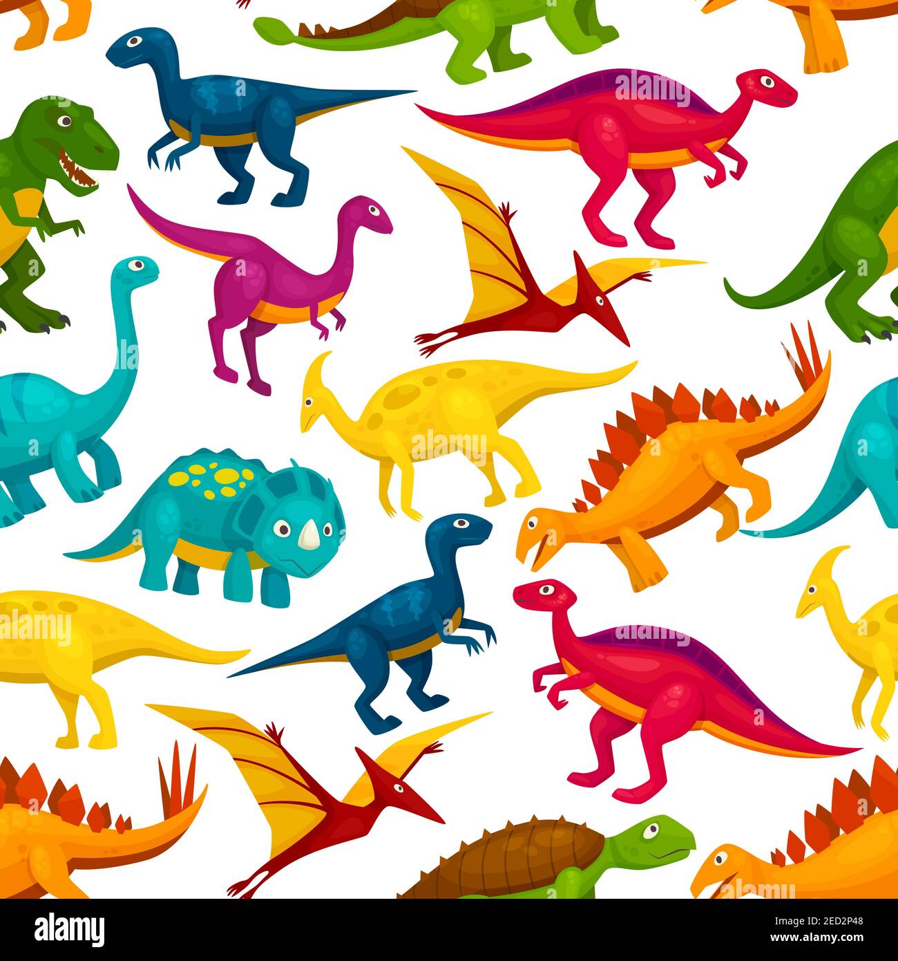 Dinosaurier und jurassic Tier nahtlose Muster. Tyrannosaurus, Triceratop, Stegosaurus, Pterodactyl, t-rex, Brontosaurus, Velociraptor Cartoon Monster Stock Vektor