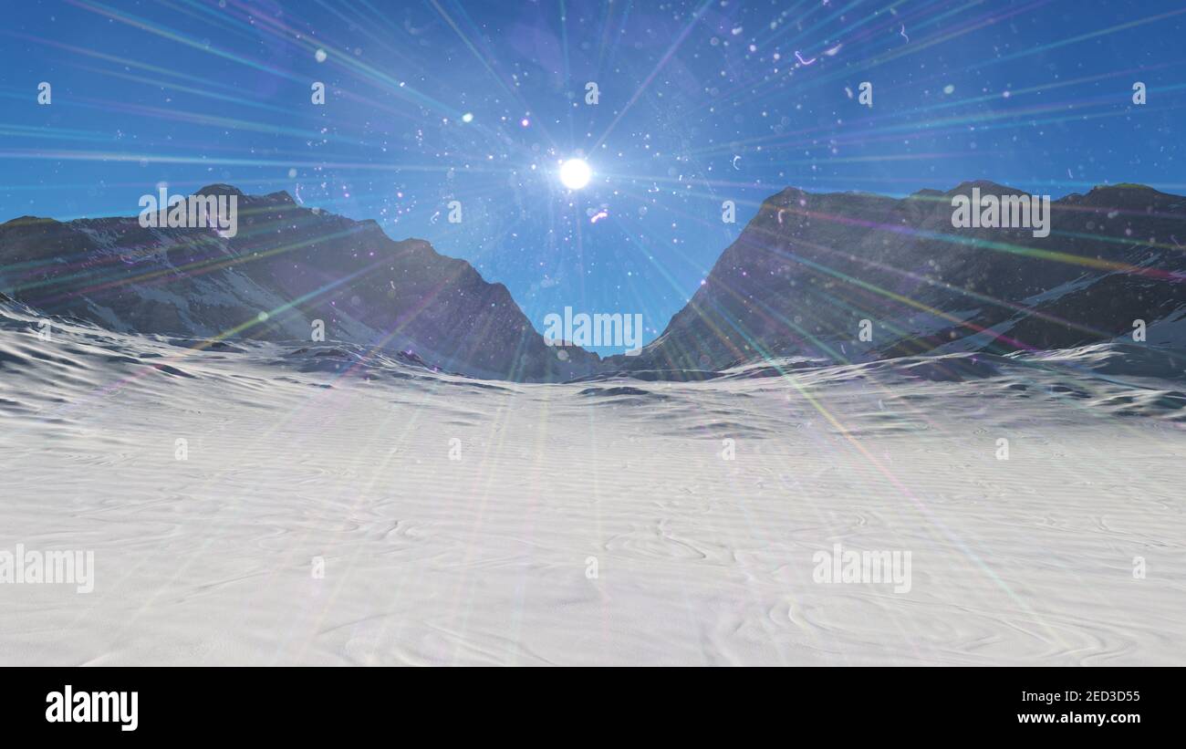 Mountain Snow Sun Ray Illustration, 3d Rendering Stockfoto