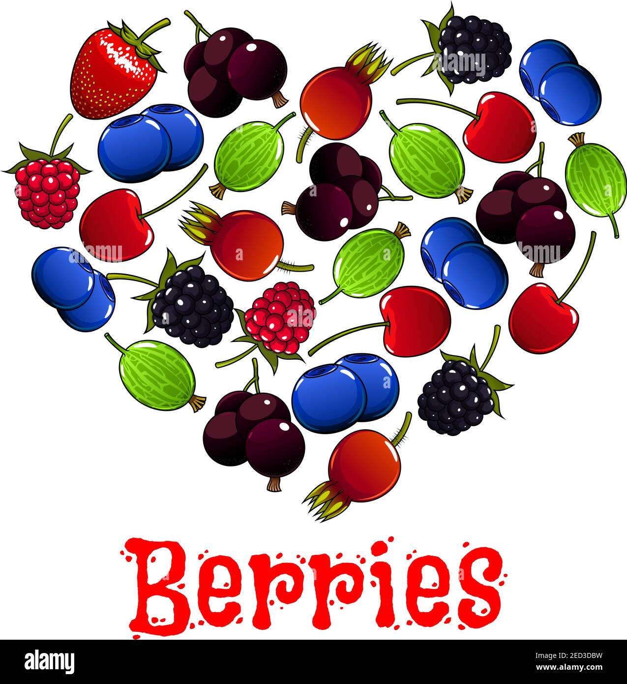 Beeren. Vektor Herzform Symbol von Kirsche, Erdbeere, Himbeere und Heidelbeere, Brombeere, Stachelbeere, Hund-Rose-Beere, schwarze Johannisbeere Stock Vektor