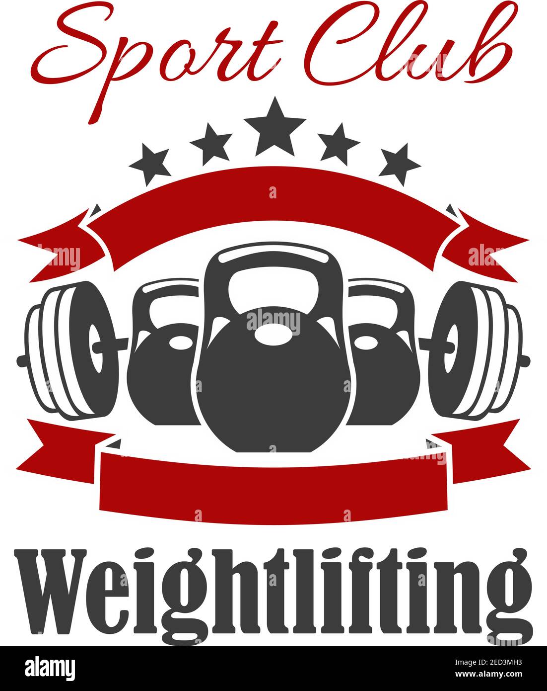 Weightlifting-Club-Schild. Vektor-Abzeichen für Gewichtheber, Fitness, Crossfit Sporthalle. Hantelhantel, Eisenhantel, Band, Stern Stock Vektor