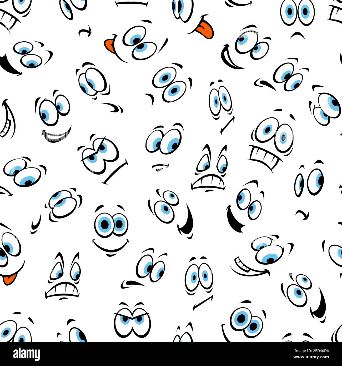 Gesicht und Smiley nahtlose Muster von Cartoon Emoticon mit verschiedenen Mimik. Glücklich lächelnd, erschrocken, überrascht, wütend, traurig, aufgeregt, verwirrt Stock Vektor