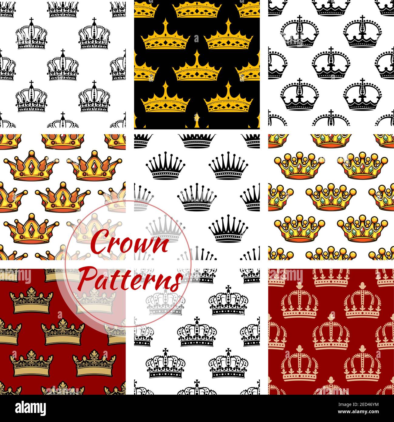 Königliche Kronenmuster Set. Vektor nahtlose Hintergrund der kaiserlichen König und Königin goldenen Kronen Stock Vektor