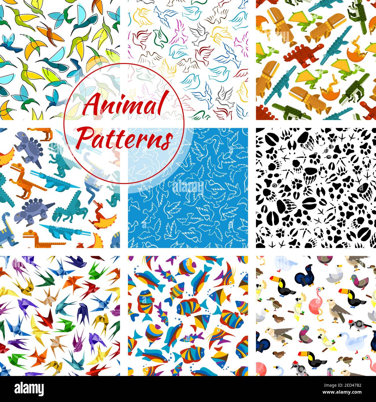 Cartoon Dinosaurier, Tier, Fisch, Vogel, Fußabdruck Muster. Vektor nahtlose Hintergrund von colibri, Flamingo und Krokodil, Schwan und Schwalbe, Papagei und Stock Vektor