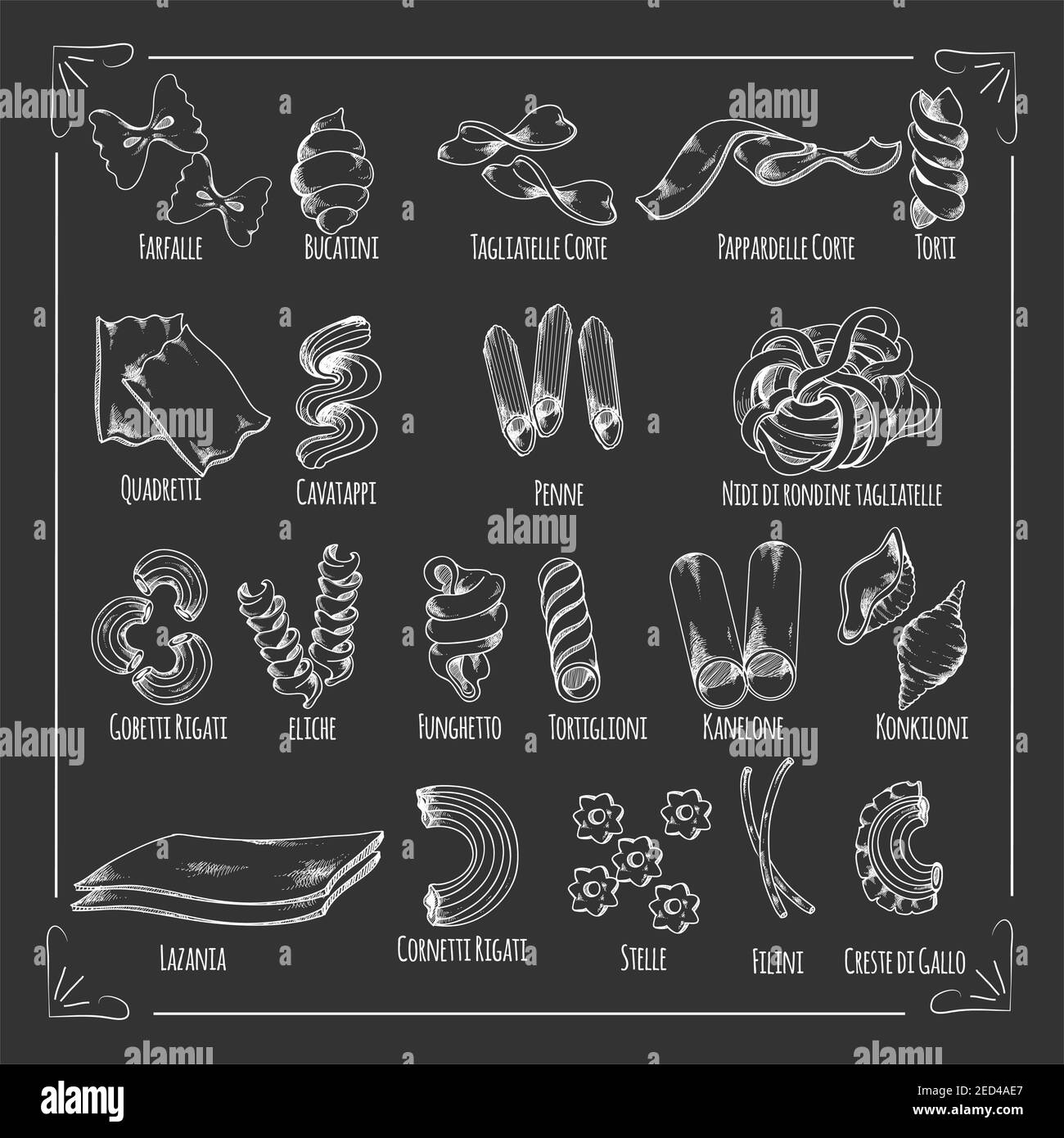 Pasta isolierte Symbole auf Kreidetafel. Traditionelle italienische Küche Nudelsorten. Vector Spaghetti und Makkaroni, Farfalle, Tagliatelle, Penne und Lasagne, Stock Vektor