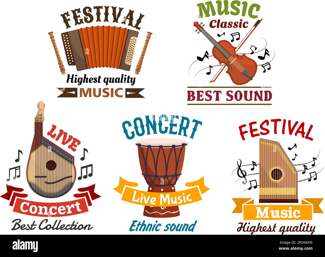 Musikinstrumente Vektor isoliert Symbole für Musikfestival oder Volkskonzert. Abzeichen der Harmonika Akkordeon, Flöte, Violine, Kontrabass, Noten c Stock Vektor