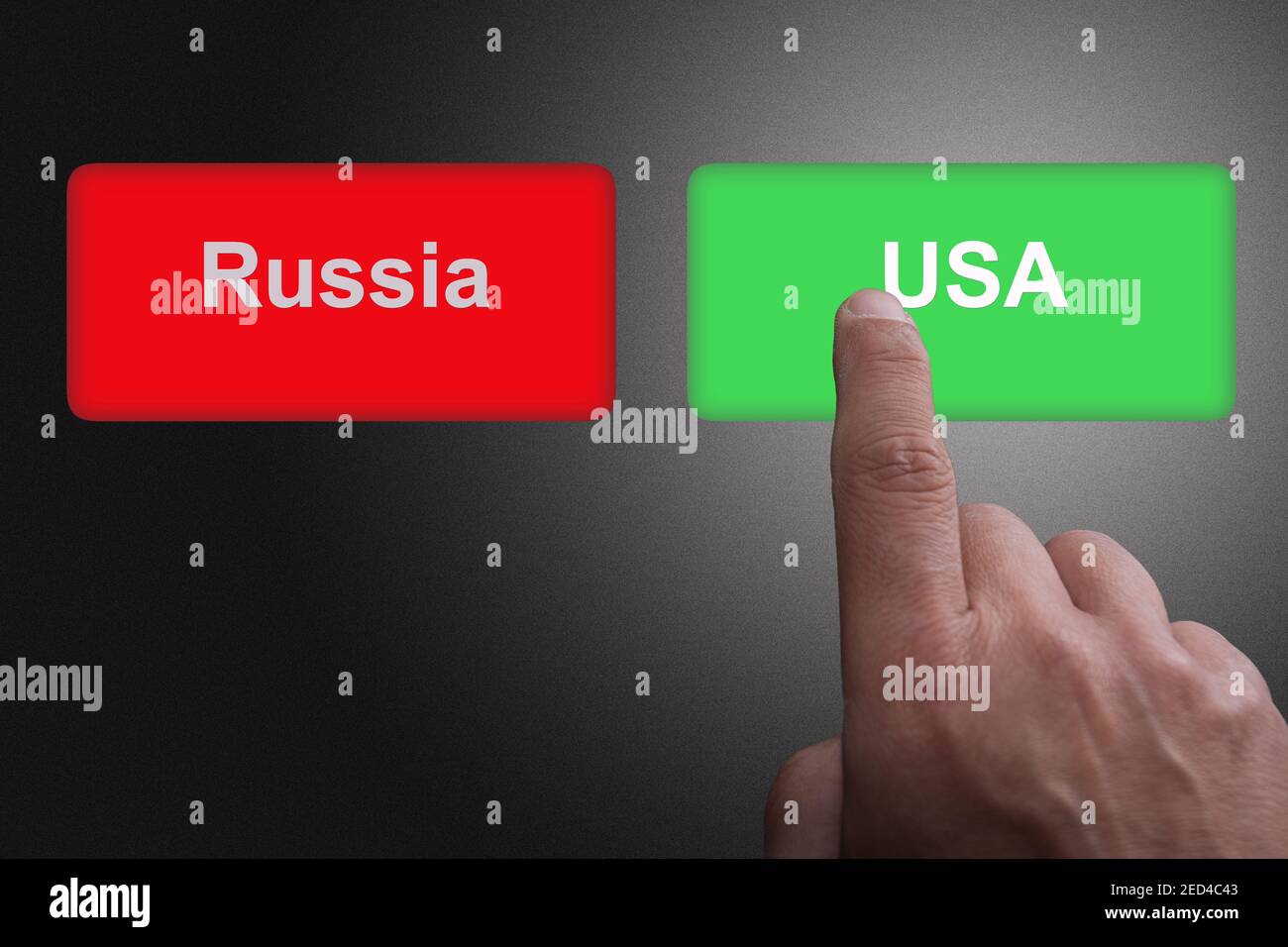 Roter Knopf mit Russland Beschriftung und grüner Knopf mit USA Inschrift Konzept für die Beziehungen zwischen den Vereinigten Staaten und Russland immer Schwierig Stockfoto