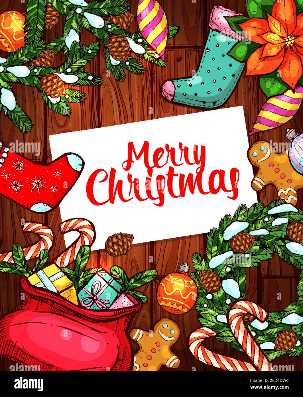 Frohe Weihnachten Urlaub Skizze Poster. Geschenkbox mit Schleife