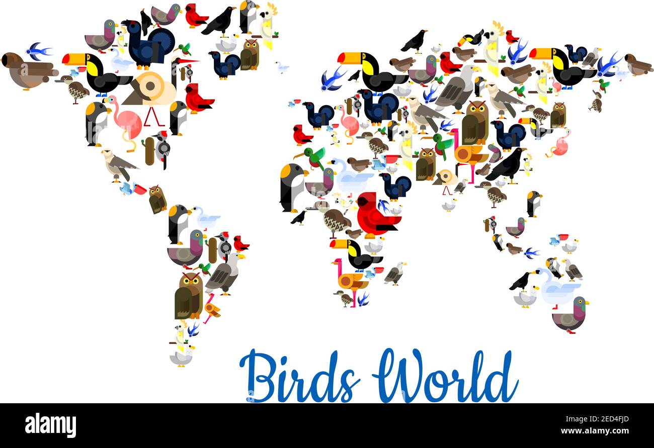 Vogelwelt in Form einer Weltkarte mit Kontinenten. Vektor Flamingo, Pfau, Sperling und Taube, Eule und Schwalbe, Strauß, colibri und Schwan, Schwalbe ein Stock Vektor