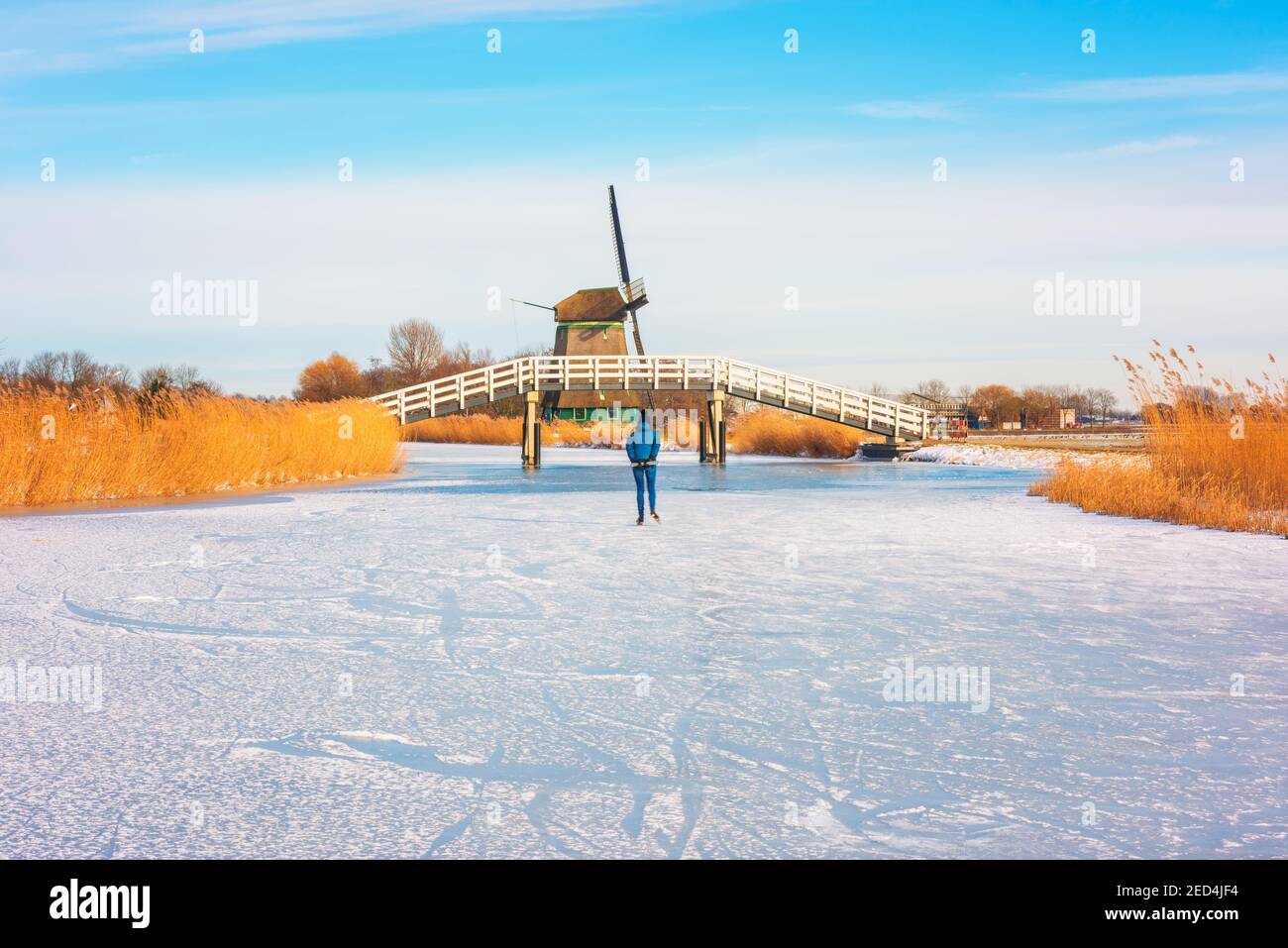 Lone Ice Skater Skating auf einem gefrorenen Poldergraben in Obdam, Niederlande an einem kalten Februartag im Jahr 2021 Stockfoto