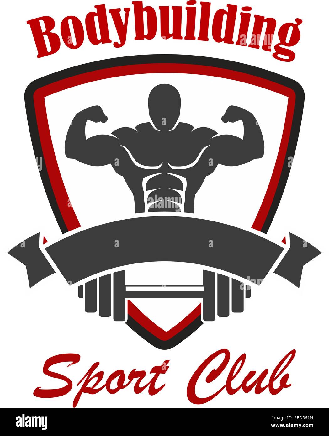 Bodybuilding-Vektor-Symbol. Fitnessstudio, Sportverein Schild oder Abzeichen für Crossfit Fitness-Studio, Fitness-Club mit Muskelmann, Gewichtheber Athlet mit Hantel oder Eisen Barb Stock Vektor