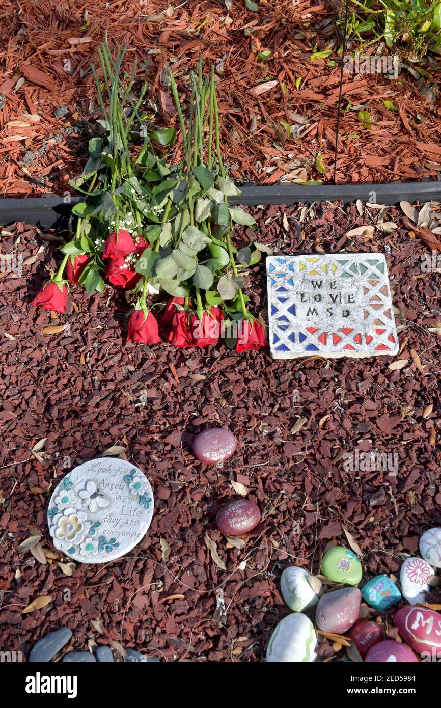 Parkland, FL - 14. FEBRUAR: Parklandopfer Erinnerten Sich An Die MSD-Highschool, wo die Dreharbeiten Zum Zweijährigen Drehjubiläum stattfanden, bei dem 17 Schüler tot gelassen wurden. 17 Menschen wurden am 14. Februar 2018 von einem Ex-Studenten der Marjory Stoneman Douglas High School (MSD) in Parkland, Florida, erschossen und getötet. Studenten und Erzieherinnen im ganzen Land markieren den Tag auch mit Mahnwachen, Momenten der Stille, Kunstprojekten und anderen Demonstrationen. Die Polizei nahm ursprünglich den 19-jährigen ehemaligen Schüler Nikolas Cruz fest, weil er 17 Menschen an der Marjory Stoneman Douglas High School in Pi getötet hatte Stockfoto