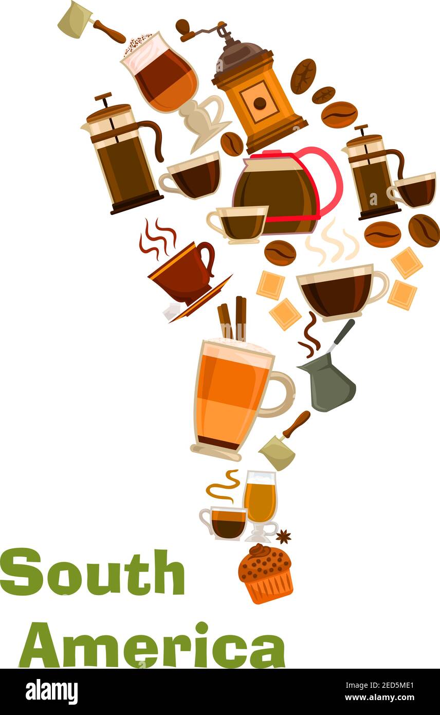 Südafrika Kaffee Karte Symbol. Vector Kaffeebohnen in Mühlen, Kaffeemaschinen, heiße Cappuccino Tassen mit Schokolade. Kaffee Getränke von Mokka, Latte Kaffee, Stock Vektor