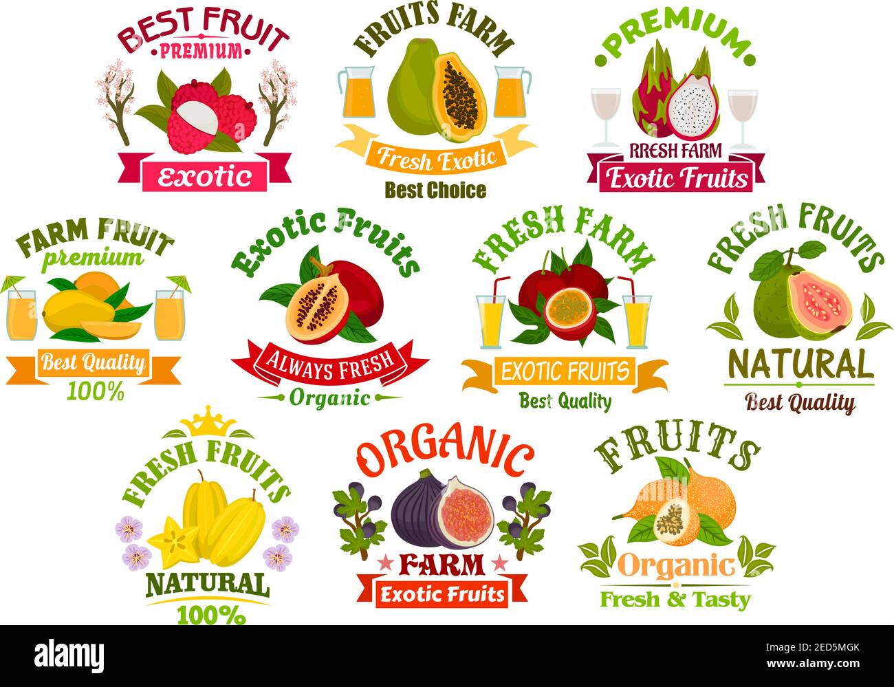 Symbole für Saft und Früchte. Fruchtsaft Getränke Abzeichen mit Bändern. Vector Litschi, Papaya, tropische Drachenfrucht und Mango, exotische Tamarillo mit Leidenschaft frui Stock Vektor