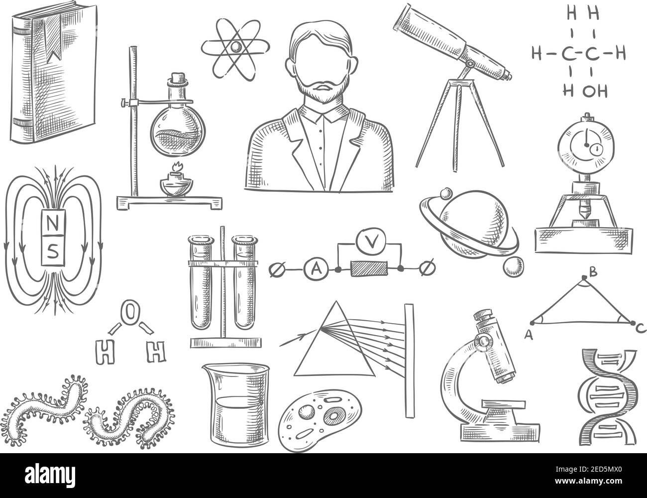 Vektorskizze isolierte Symbole. Wissenschaft und Forschung Elemente des Teleskops, Wissenschaftler Buch, Atom und DNA Helix , Magnet, chemische Testflasche, Globus Planeten Stock Vektor