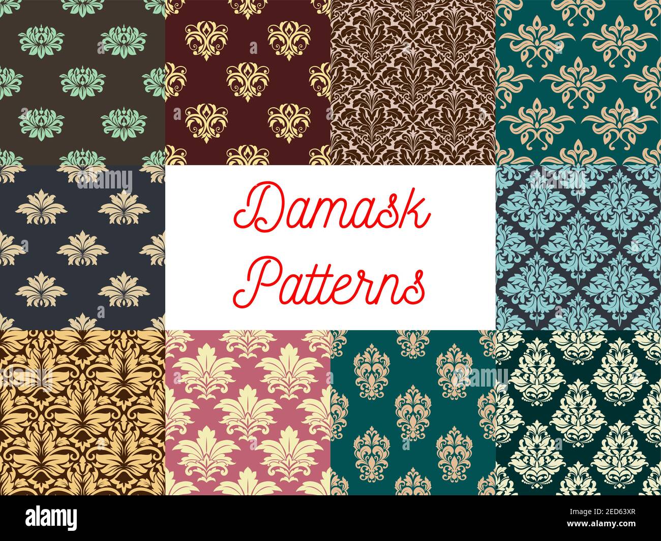 Damastmuster. Luxuriöse blumige Kulissen und verzierte Ornamentfliesen. Florierende barocke Hintergrund mit Rokoko-Design. Vektor-Set von nahtlosen floralen emb Stock Vektor