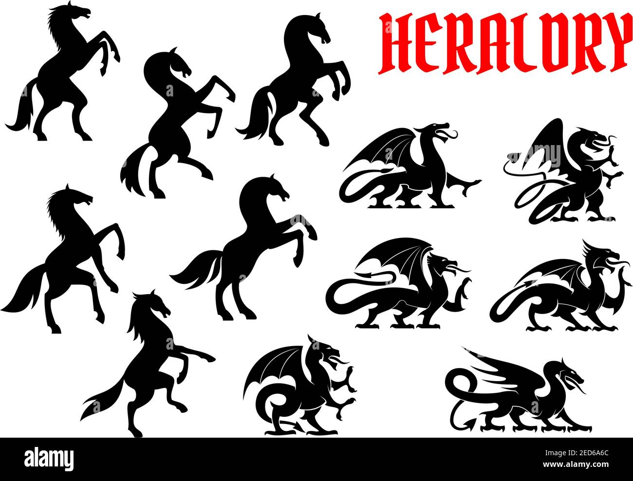 Wappentiere mythische Tiere Embleme. Vektor Silhouette Symbole von Pferd Einhorn, Griffin Dragon heraldry für Tattoo, Schild Insignien Stock Vektor