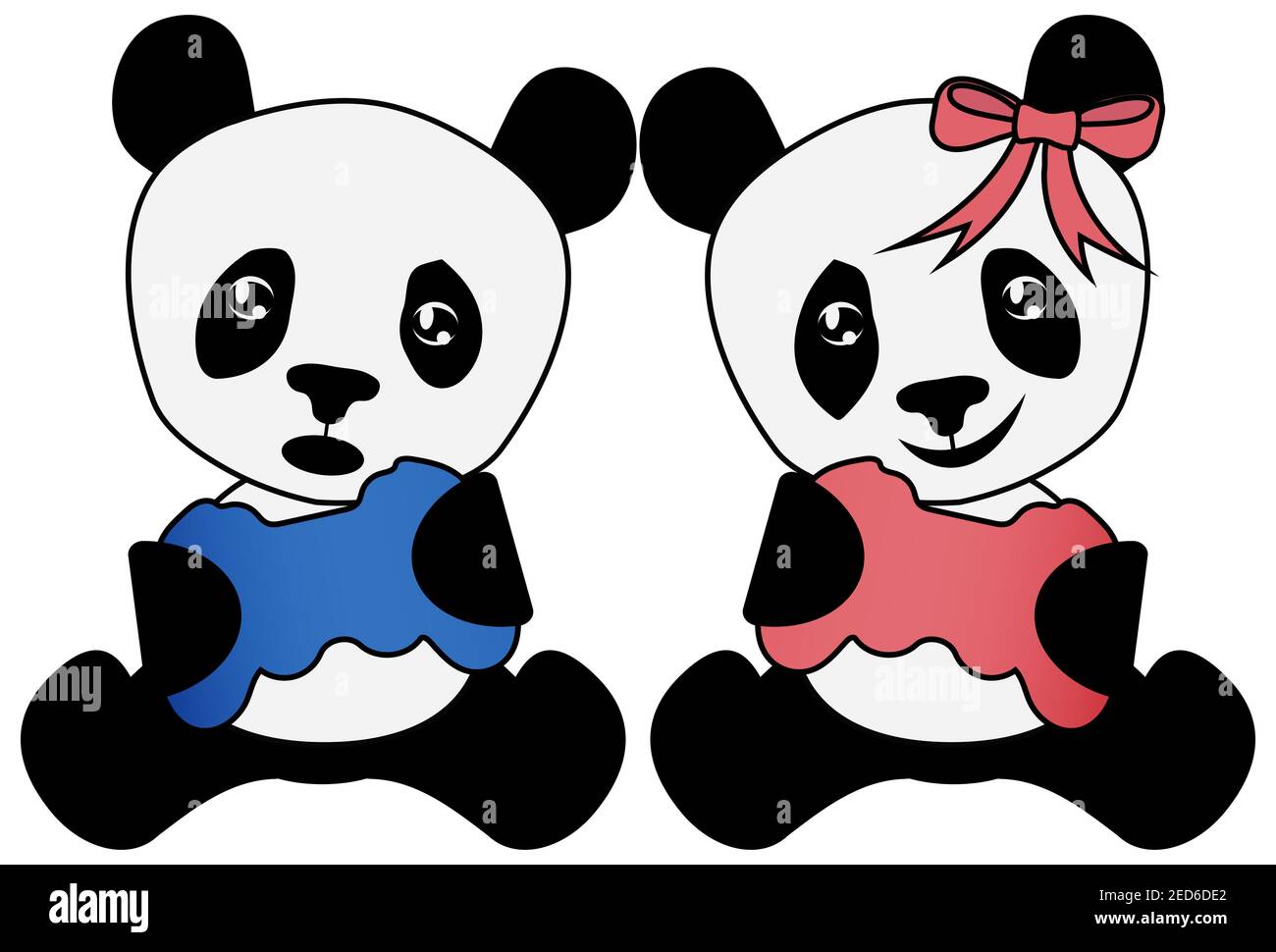 Panda Bär Gaming-Freunde mit Konsole Game Controller Boy Girl Pandas Einfache Kunstillustration isoliert auf weißem Hintergrund.mit Beschneidungspfad Stockfoto