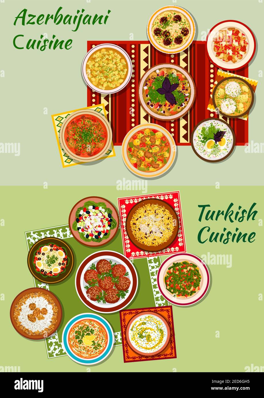 Türkische und aserbaidschanische Küche Ikone mit Fleisch- und Fischbällchen, Gemüse- und Bohnensalaten, Pilaf, gekochtem Lamm und Huhn, dickem Eintopf, Fleisch und Dumplin Stock Vektor