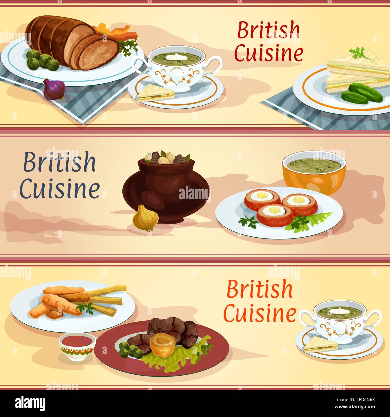 Britische Küche Haupt-und Snack-Gerichte Banner. Gurken-Sandwich, Fisch und Chips, irischer Gemüseeintopf, Scotch-Ei in Wurst, Roastbeef Witz Stock Vektor