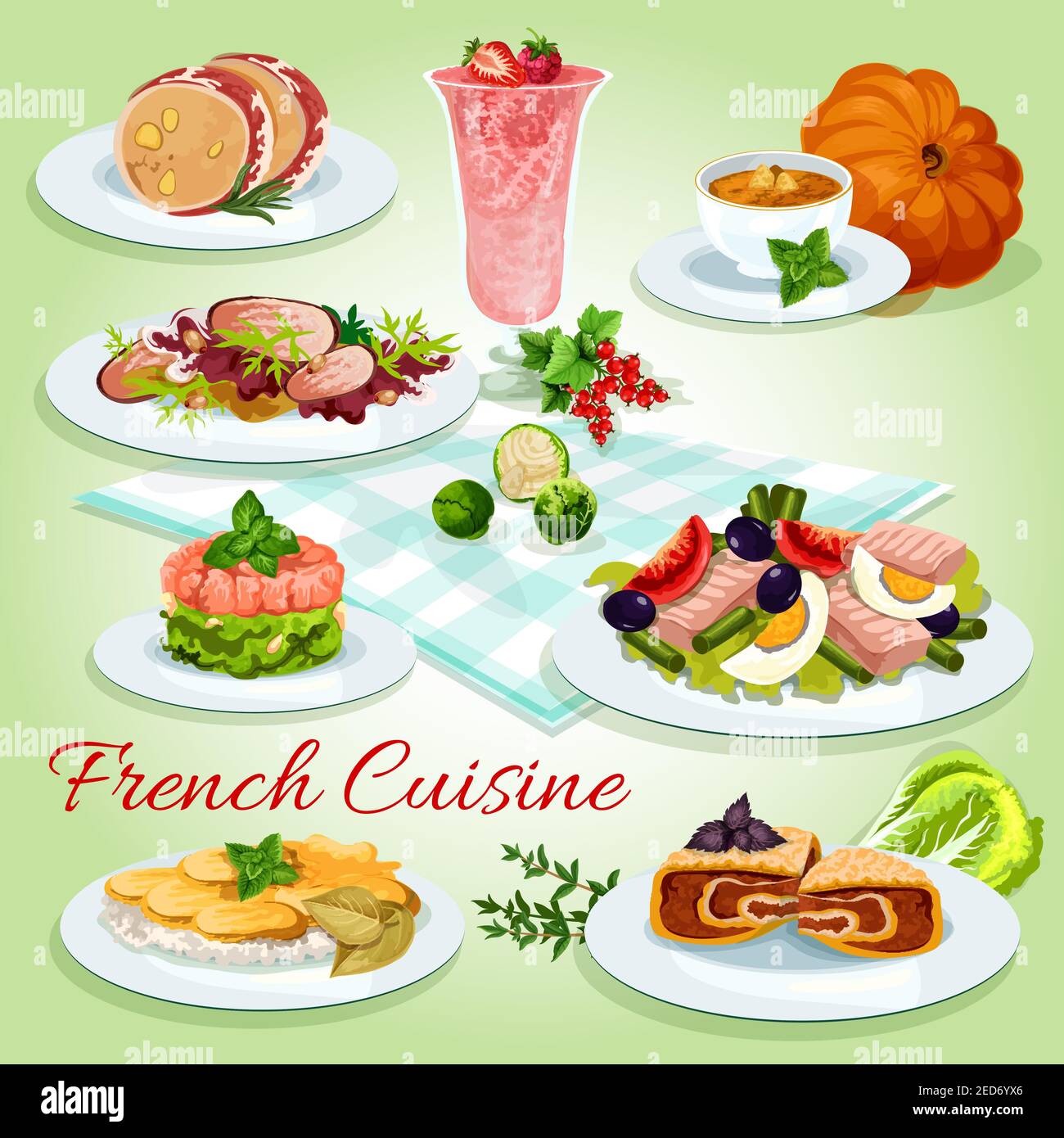 Französische Küche Cartoon-Ikone von Thunfisch-Ei-Salat mit Tomaten und Oliven, Kartoffelkäse Auflauf, Lachs Tartare, Entensalat, Kürbissuppe, Leber Mousse i Stock Vektor