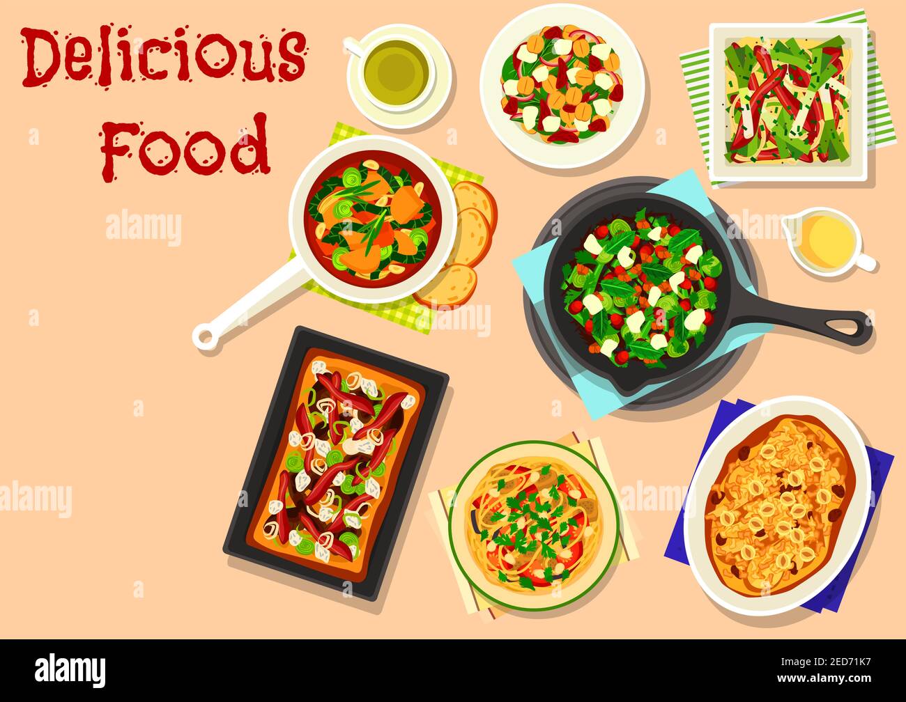 Mittagsmenü mit Fruchtteig Ikone der Tomaten Auberginen Pasta, Reis Pilaf mit Käse, Pilzkuchen, Gemüsesuppe, gebackenen Lauch mit Speck, Birnenkuchen mit Stock Vektor