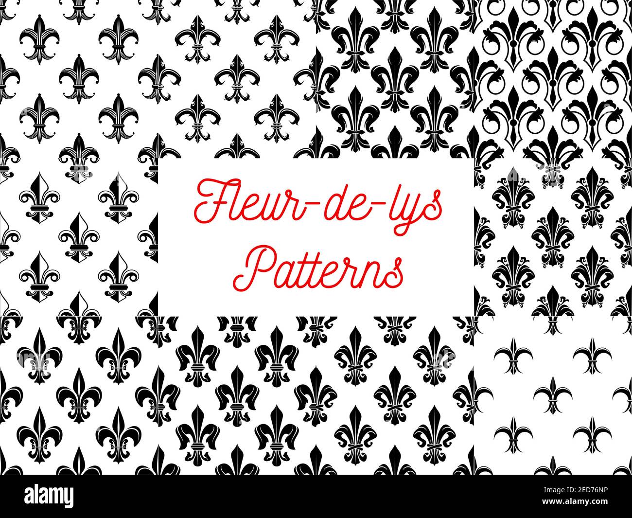Schwarz-weiß Fleur-de-LIS florales nahtloses Muster mit Satz von französischen königlichen Lilienblumen mit viktorianischen Blattrollen. Tapete, Vintage-Interieur AC Stock Vektor