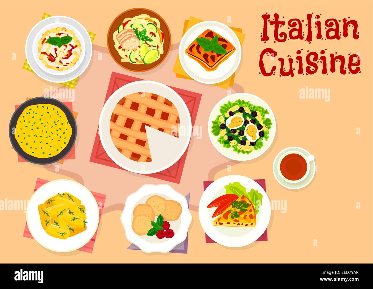 Italienische Küche Pasta-Salat Ikone serviert mit Bohnen, Oliven-und Ei, Auberginen Lasagne, Spaghetti mit Huhn, Kartoffelknödel, Gemüse Omelette, polen Stock Vektor