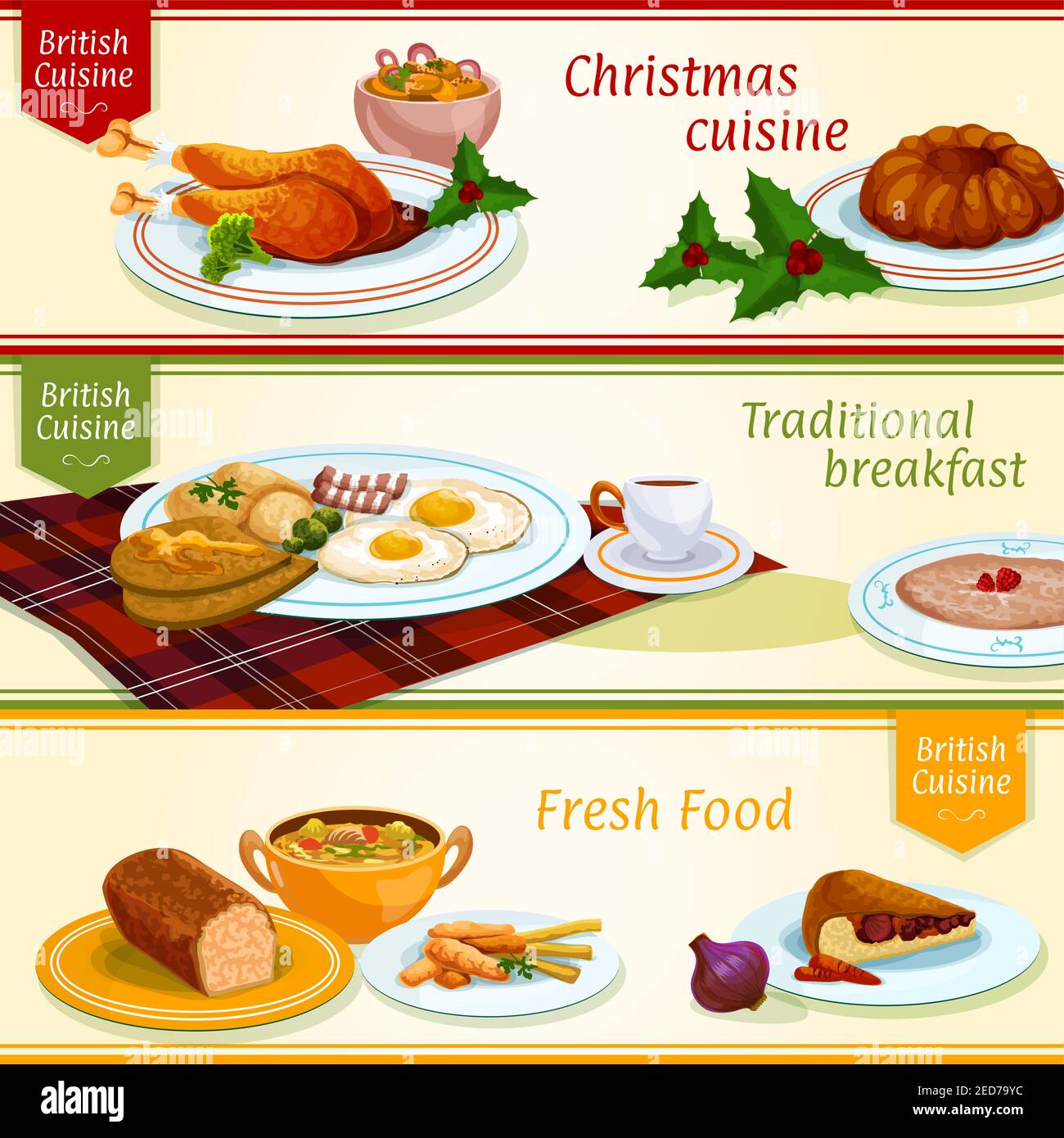 Britische Küche Gerichte für Weihnachtsessen, Frühstück und Mittagessen Banner-Set. Spiegelei mit Speck, Toast und Brei, Fisch und Chips, Pudding, gebacken Stock Vektor