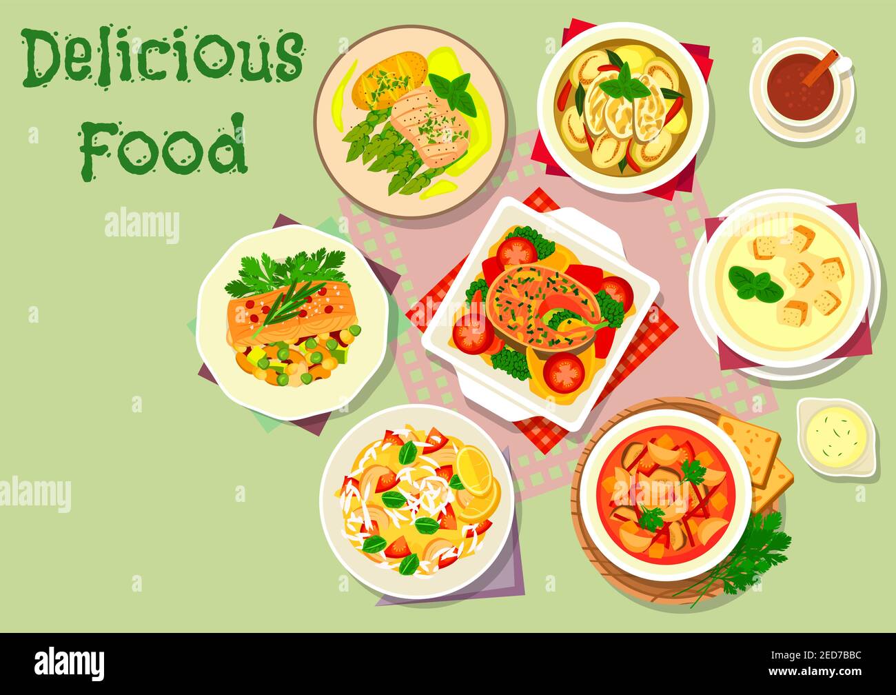 Gemüse- und Fischgerichte Ikone der Auberginen-Suppen mit Huhn, Tomaten, Bohnen und Würstchen, Thunfisch-Tomatenpasta, gebackener Fisch mit Gemüse und Bohnen, salm Stock Vektor