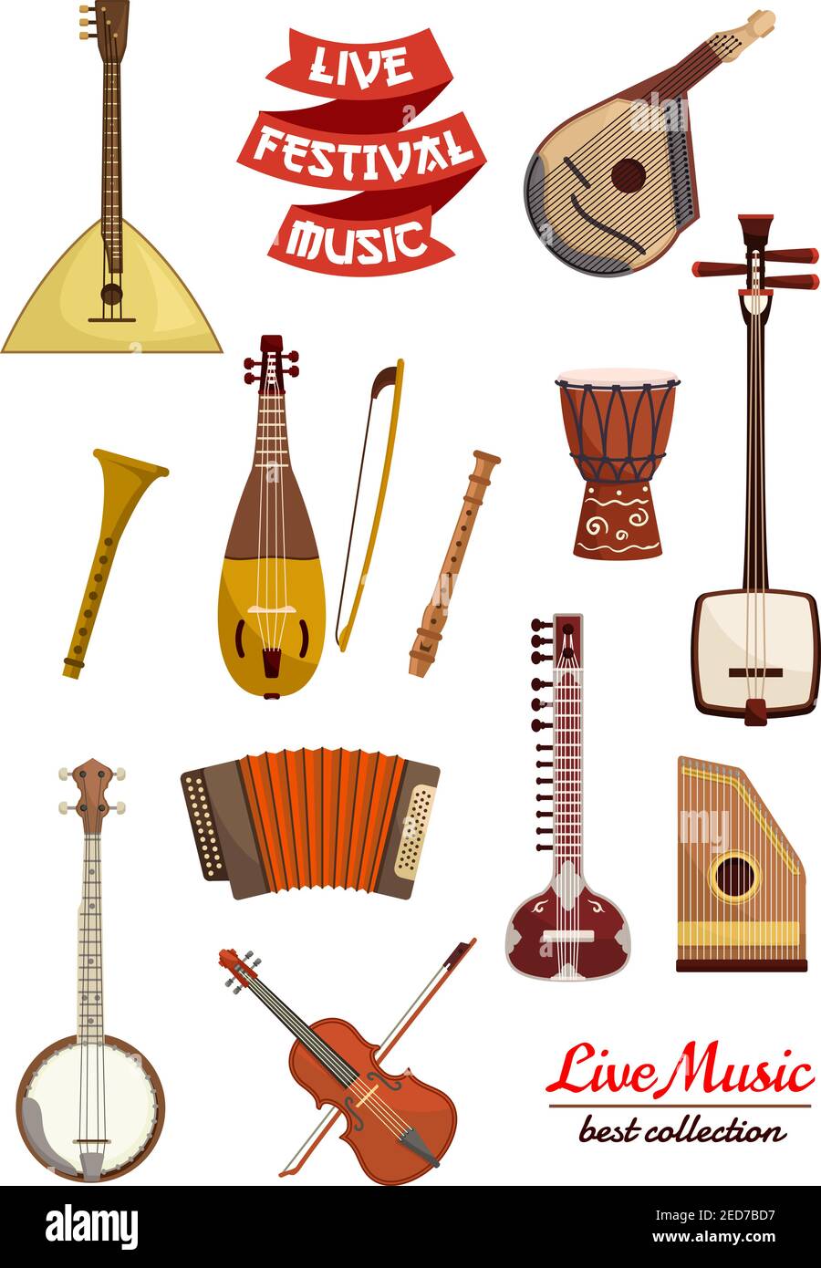 Musikinstrument Cartoon Icon Set. Violine, Trommel, Laute, Balalaika, Flöte, Mandoline, Banjo und Sitar, Akkordeon und Rebec, Psalterium und Band Banner Stock Vektor