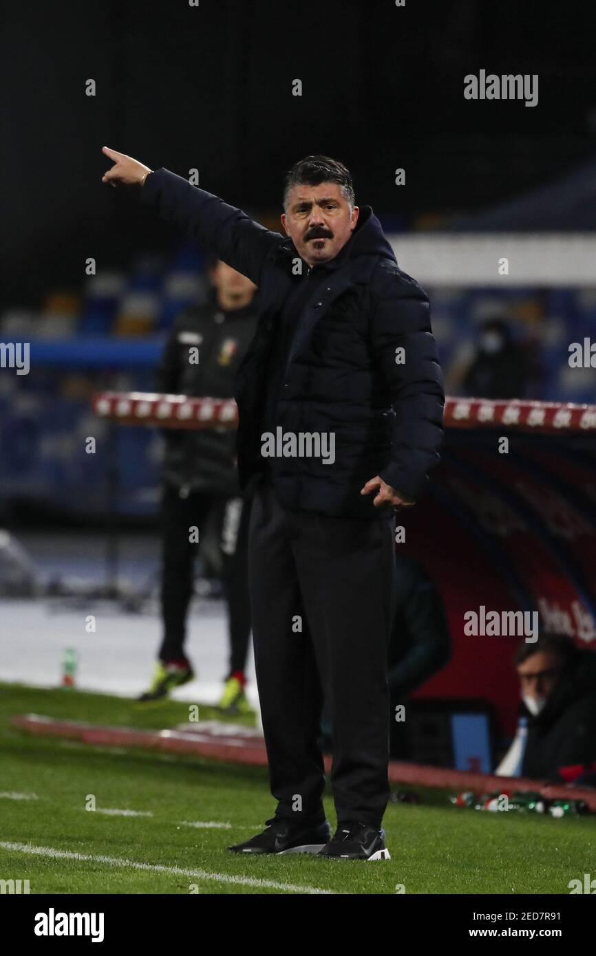 2/13/2021 - Napoli italienischen Trainer Gennaro Gattuso Gesten während der Serie A Fußballspiel SSC Napoli gegen FC Juventus. Napoli gewann 1-0. (Foto von IPA/Sipa USA) Stockfoto