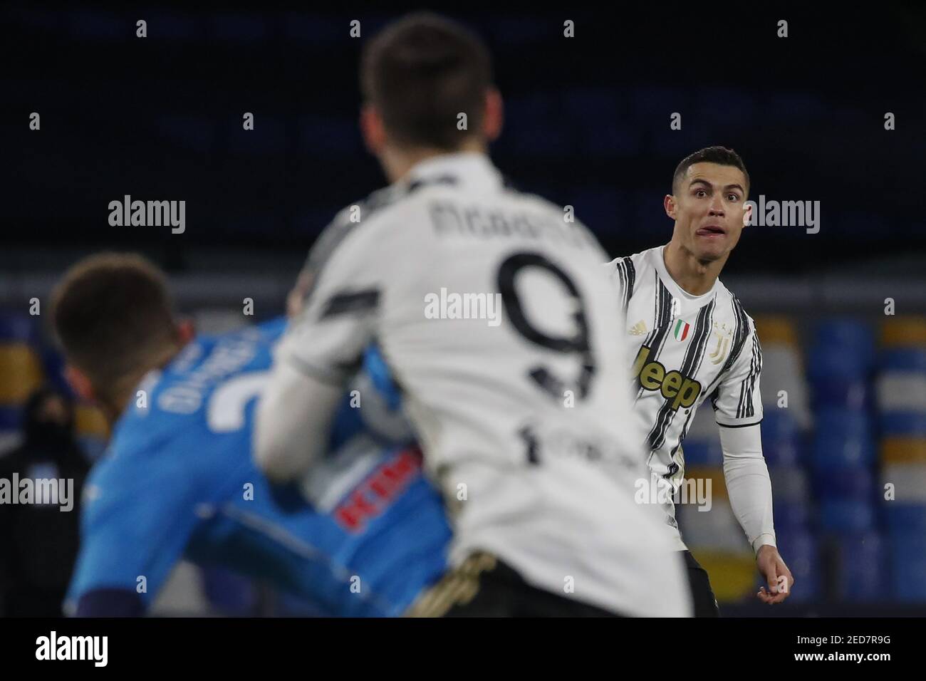 2/13/2021 - Juventus' Portugiesischer Stürmer Cristiano Ronaldo Gesten während der Serie A Fußballspiel SSC Napoli gegen FC Juventus. Napoli gewann 1-0. (Foto von IPA/Sipa USA) Stockfoto