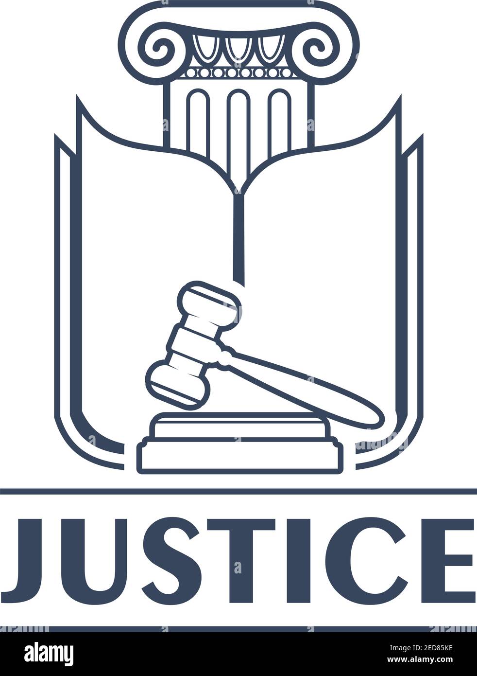 Griechische Säule mit Türsturz und geöffneten Buchseiten, Richter Gavel oder Hammer. Gericht Entscheidung macht Logo oder Urteil des Gesetzes Symbol, alte griechenland kriminellen Syst Stock Vektor