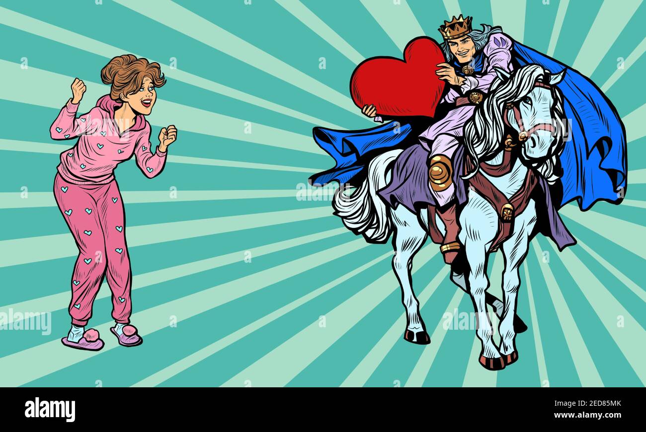 Valentinstag. Ein verliebter Prinz auf einem weißen Pferd galoppierte zu einer schönen Frau Stock Vektor