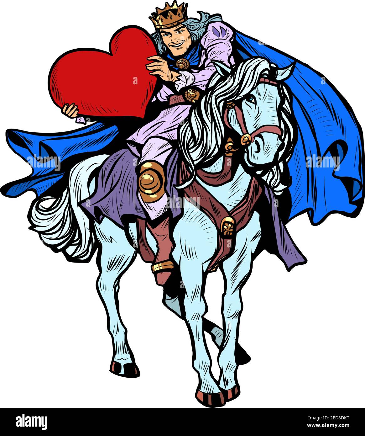 Valentinstag. Ein verliebter Prinz auf einem weißen Pferd mit einem roten Herzen Stock Vektor