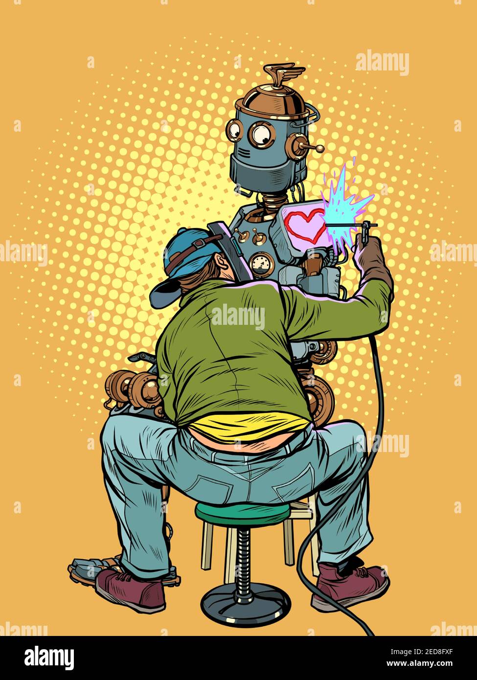 Der Tattoo-Künstler füllt den liebevollen Roboter mit einem Tattoo eines Herzens. Valentinstag Stock Vektor