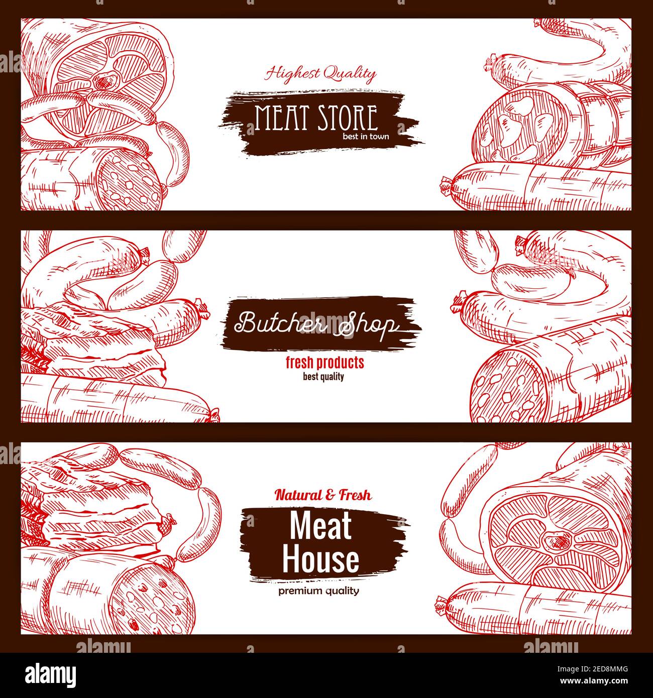 Fleischgeschäft oder Metzgerei Produkte. Metzgerei Haus Banner Set von Skizze Salami, Pepperoni und Kielbasa Wurstwürste, Schweinespeck und Schinken Jamon, Biene Stock Vektor