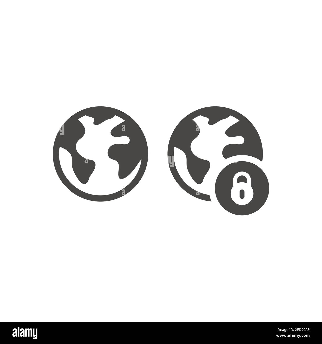 Planet Erde mit schwarzem Vektor-Symbol mit Vorhängeschloss. Globus, sicheres und sicheres Konzept Symbol. Stock Vektor