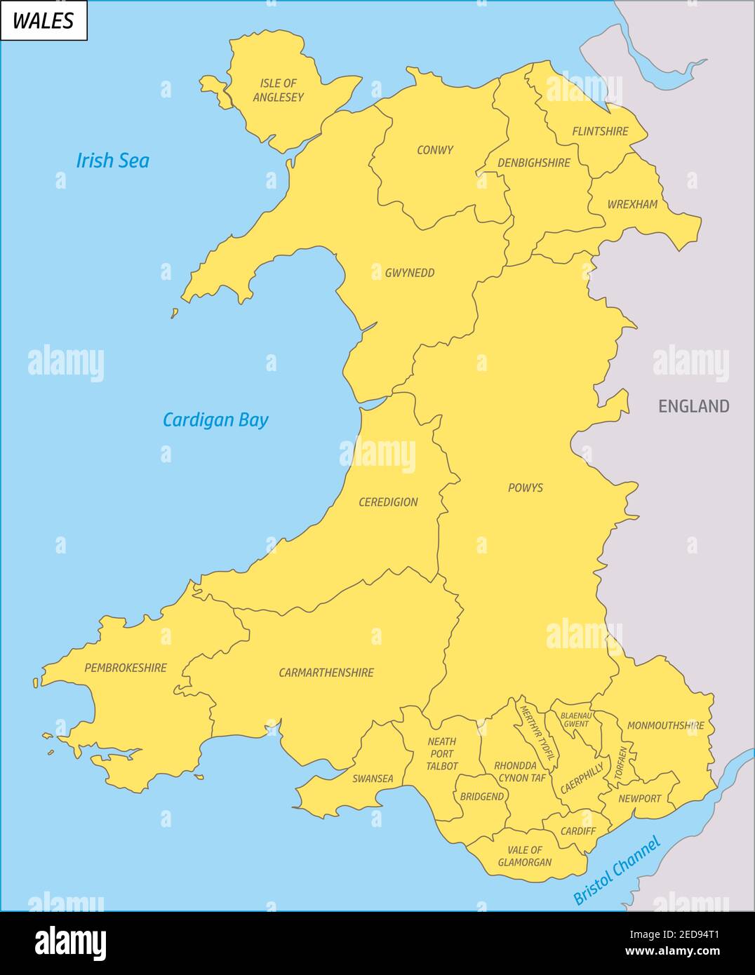 Die Wales Regionen Bunte Karte mit Etiketten Stock Vektor
