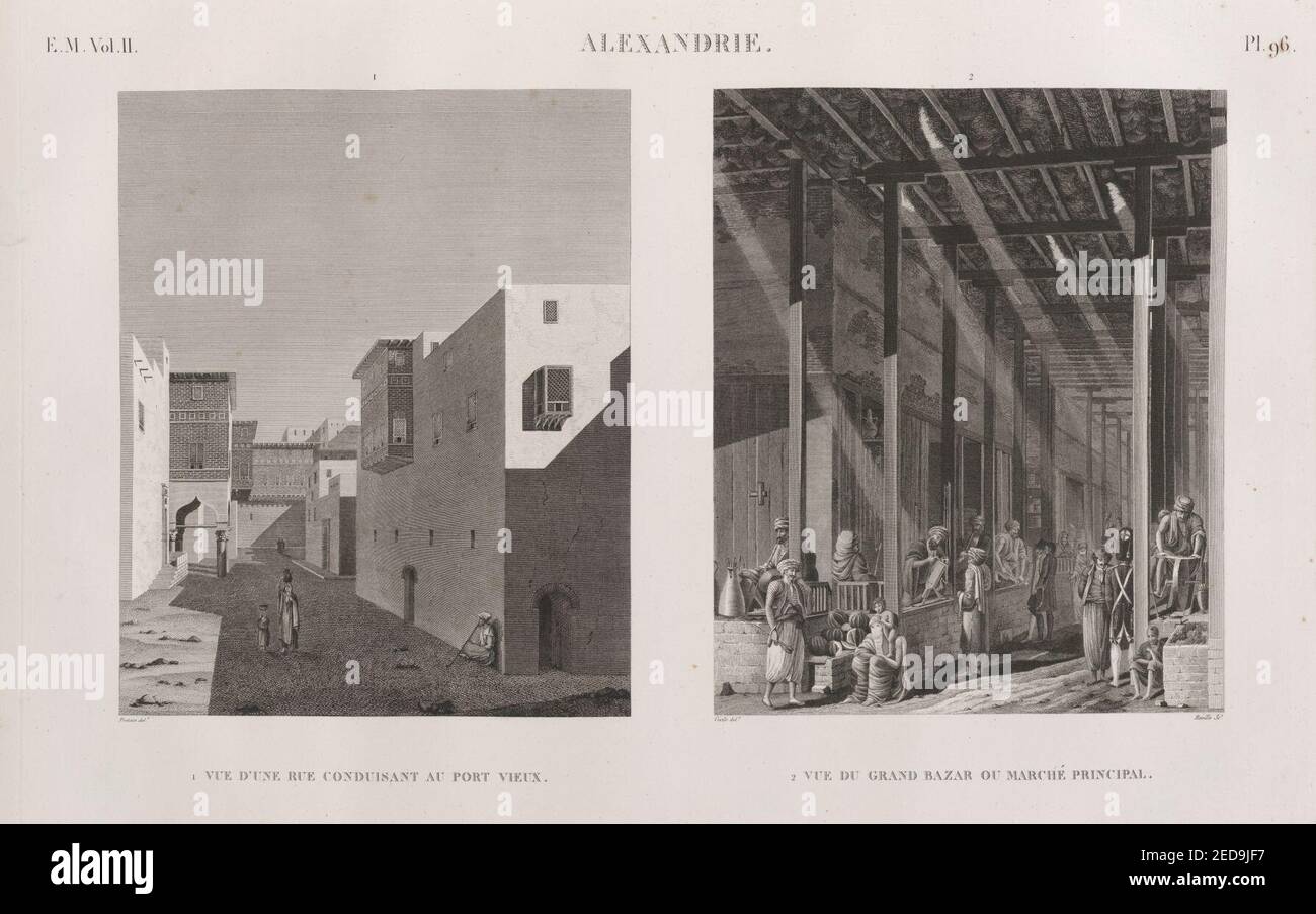 Alexandrie (Alexandria). 1. Vue d'une rue conduisant Au Vieux Port; 2. Vue du Grand Bazar ou marché Principal Stockfoto