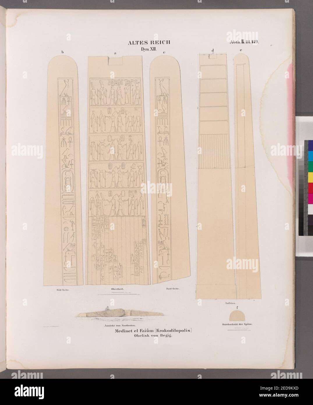 Altes Reich. Dynastie XII. Medinet el Faiûm (Krokodilopolis) - Obelisk von Begig - ein. Obertheil; b. Süd-Seite; c. Nord-Seite; d. e. Aufriss; f) Durchschnitt der Spitze; Ansicht von Nordosten Stockfoto