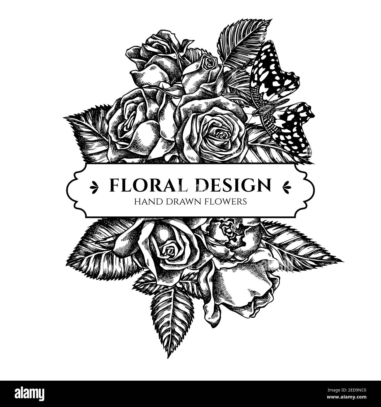 Blumenstrauß mit schwarzen und weißen Zitronenschmetterling, Rosen Stock Vektor